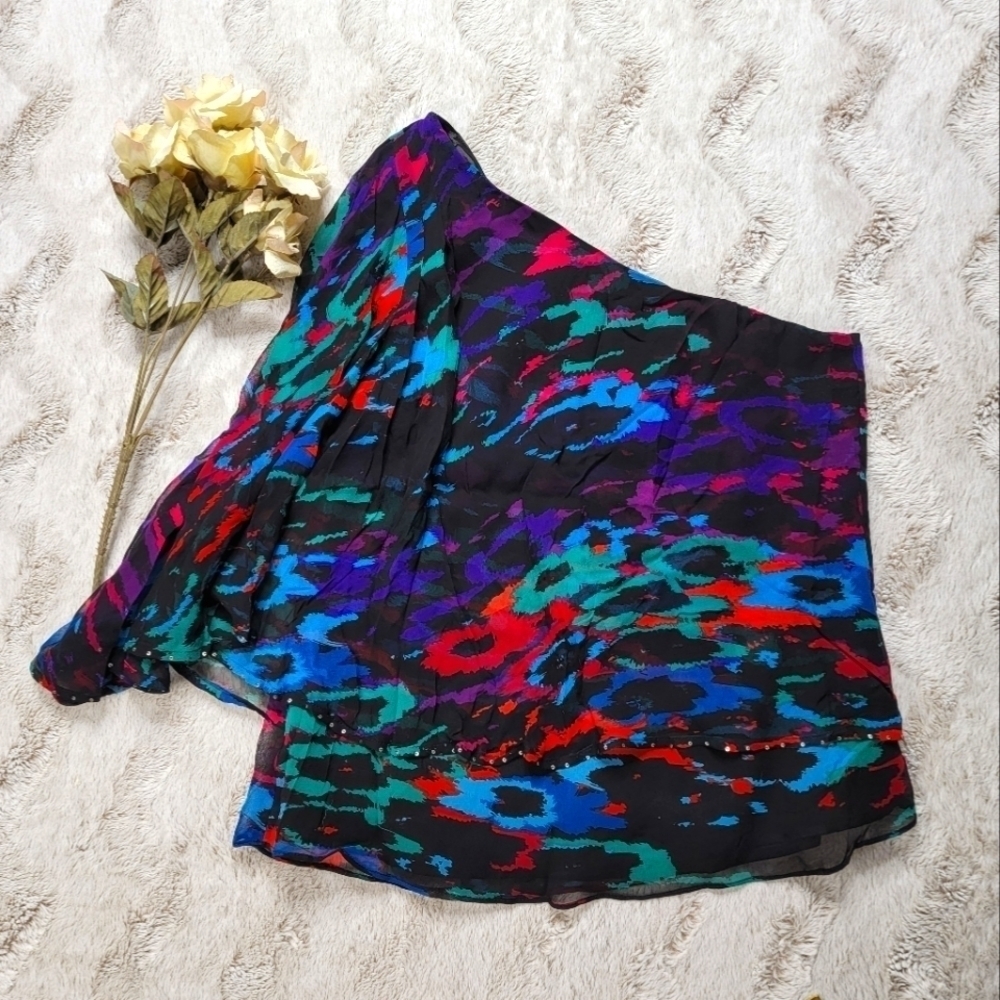 Aryn K 100% Silk Shell One Shoulder‎ Multicolor Camouflage Blouse Size 6
